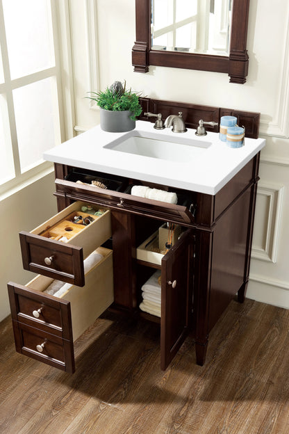 Brittany 30" Single Vanity, Burnished Mahogany, w/ 3 CM White Zeus Silestone Top, view 4