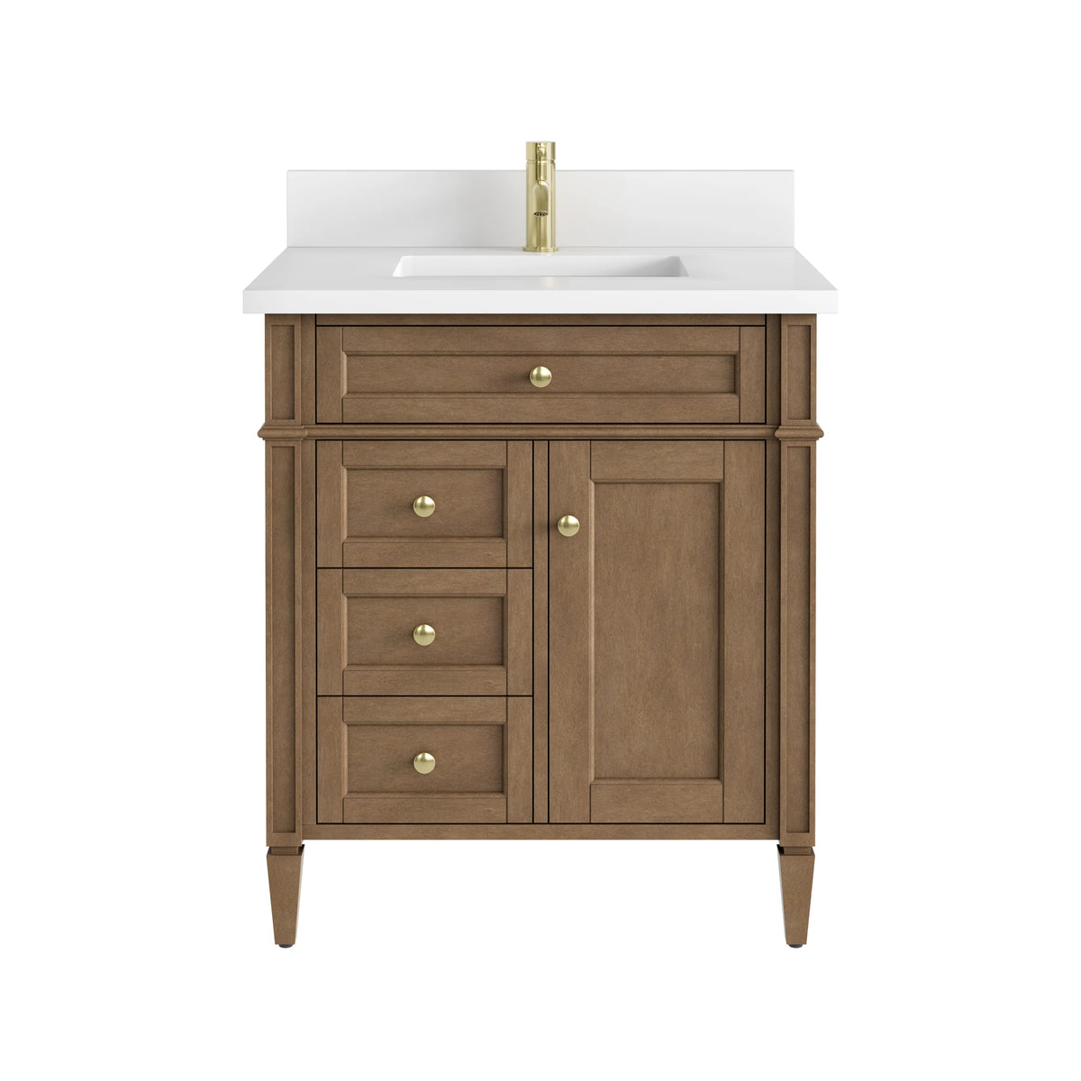 Brittany 30" Single Vanity, Pecan w/ Single Hole 3 CM White Zeus Silestone Top and Matching Backsplash