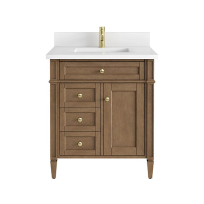 Brittany 30" Single Vanity, Pecan w/ Single Hole 3 CM White Zeus Silestone Top and Matching Backsplash
