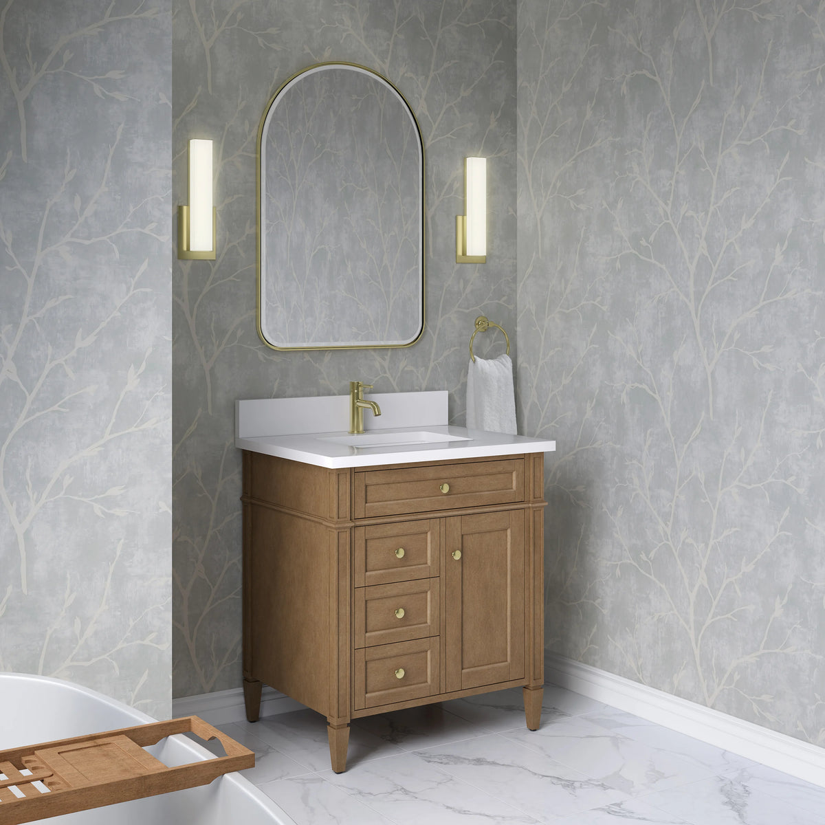 Brittany 30" Single Vanity, Pecan w/ Single Hole 3 CM White Zeus Silestone Top and Matching Backsplash, view 4