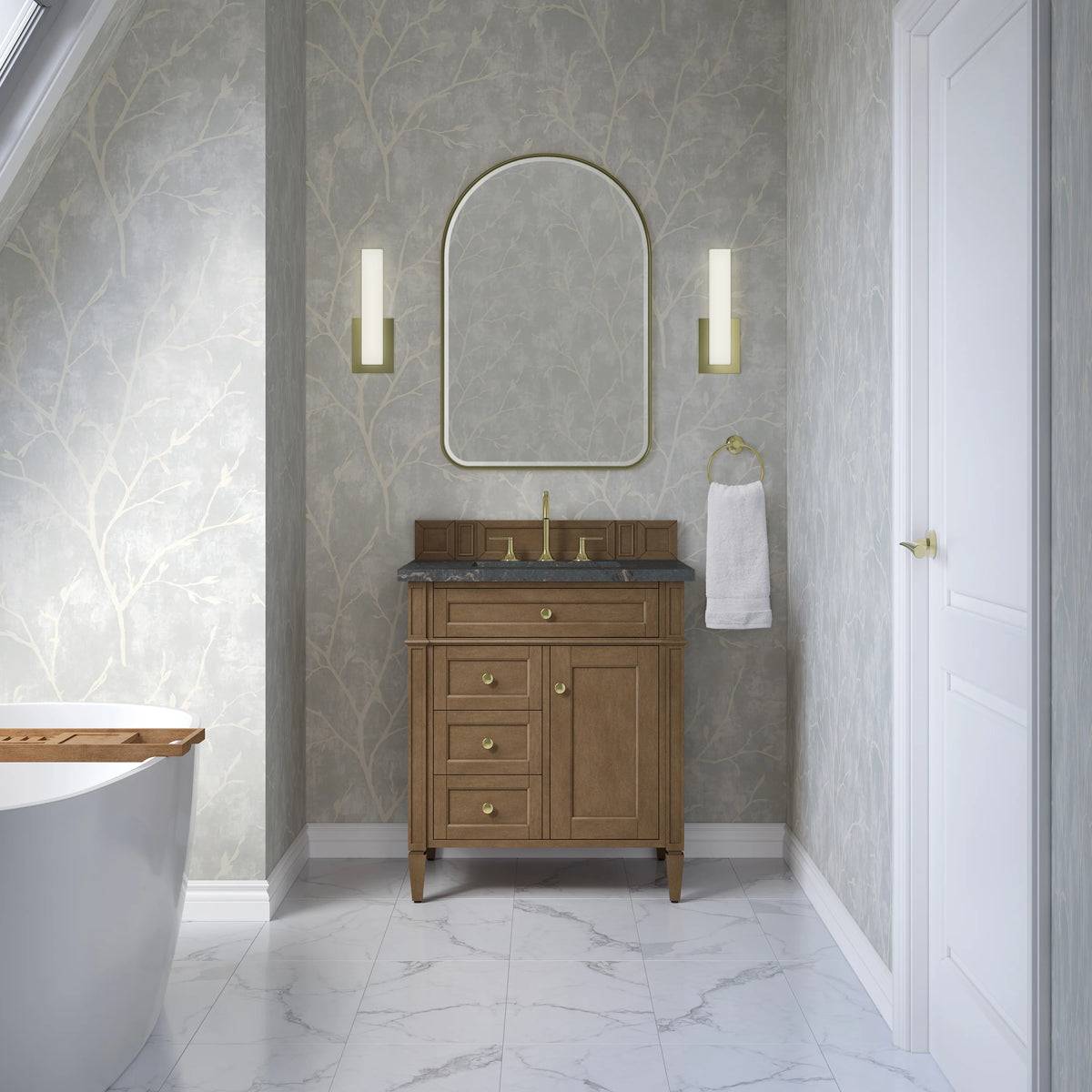 Brittany 30" Single Vanity, Pecan w/ 3 CM Parisien Bleu Silestone Top, view 3