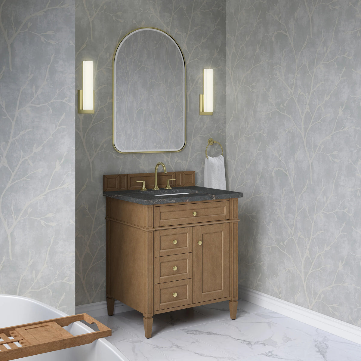 Brittany 30" Single Vanity, Pecan w/ 3 CM Parisien Bleu Silestone Top, view 4