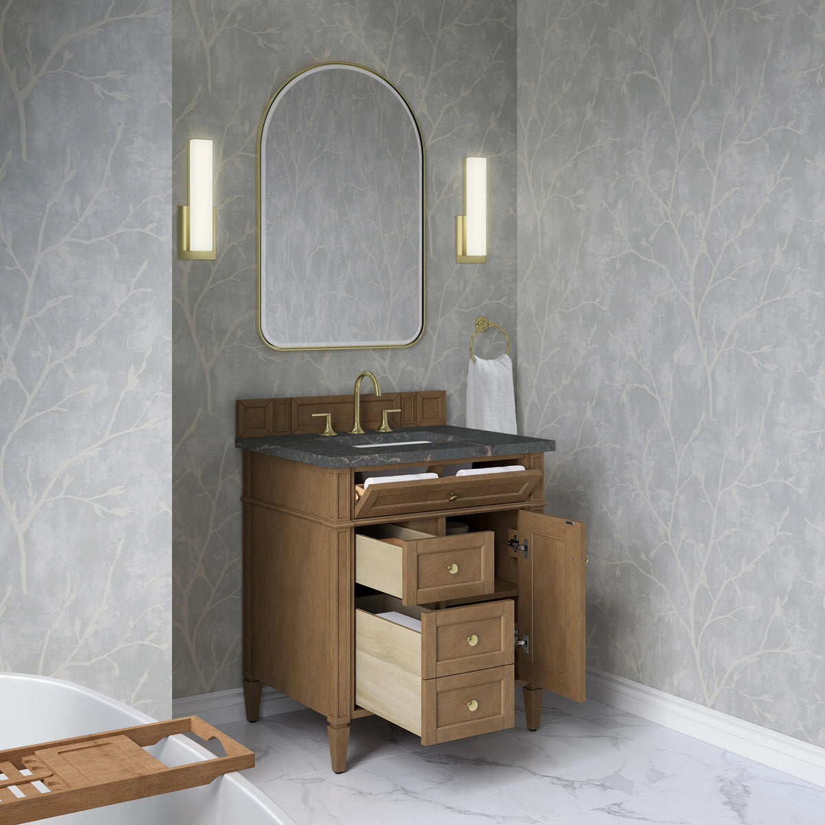 Brittany 30" Single Vanity, Pecan w/ 3 CM Parisien Bleu Silestone Top, view 5