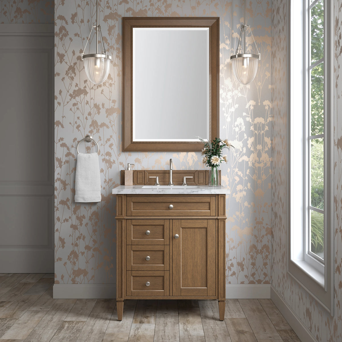 Brittany 30" Single Vanity, Saddle Brown w/ 3 CM Carrara Marble Top, view 2