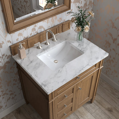 Brittany 30" Single Vanity, Saddle Brown w/ 3 CM Carrara Marble Top, view 6