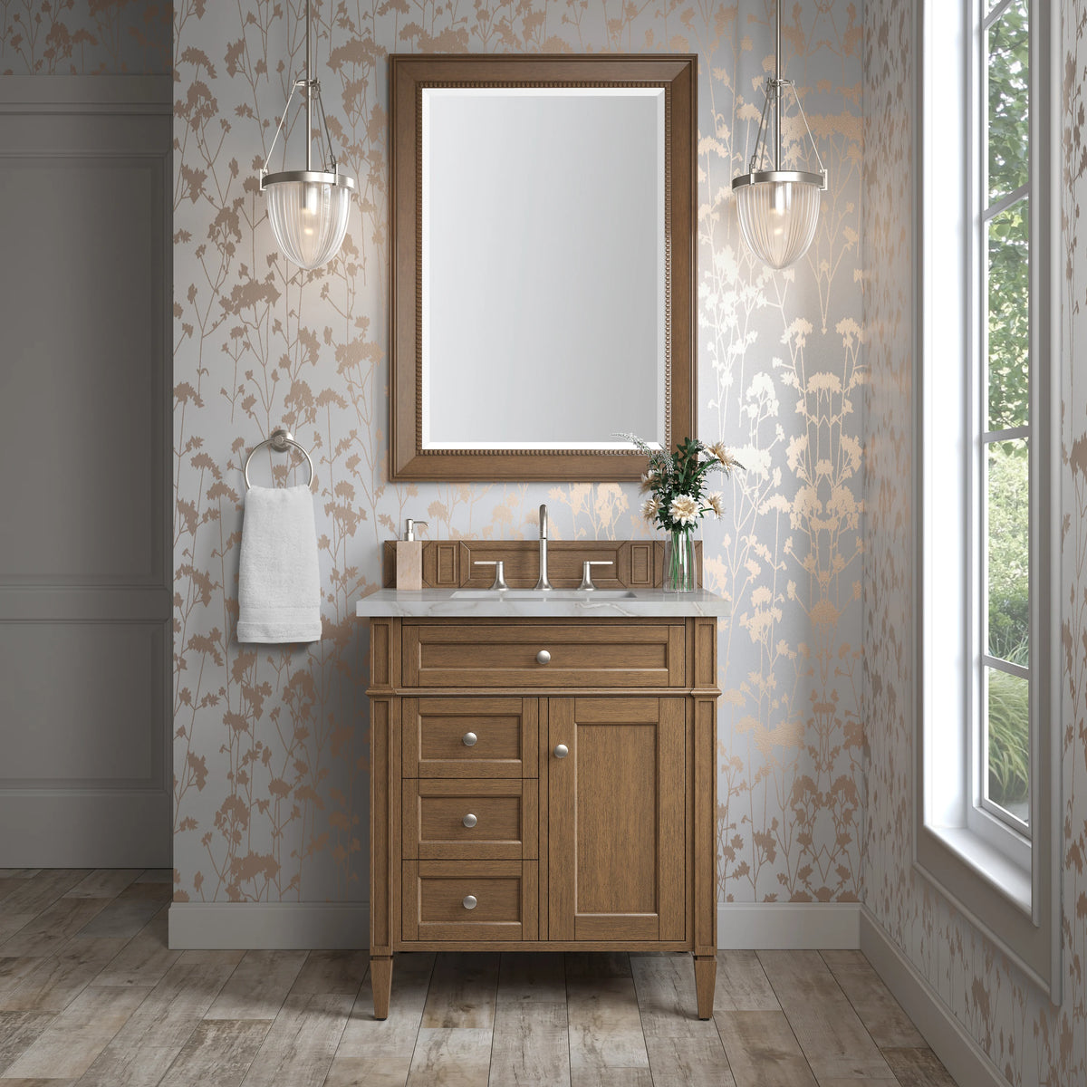 Brittany 30" Single Vanity, Saddle Brown, w/ 3 CM Victorian Silver Silestone Top, view 2