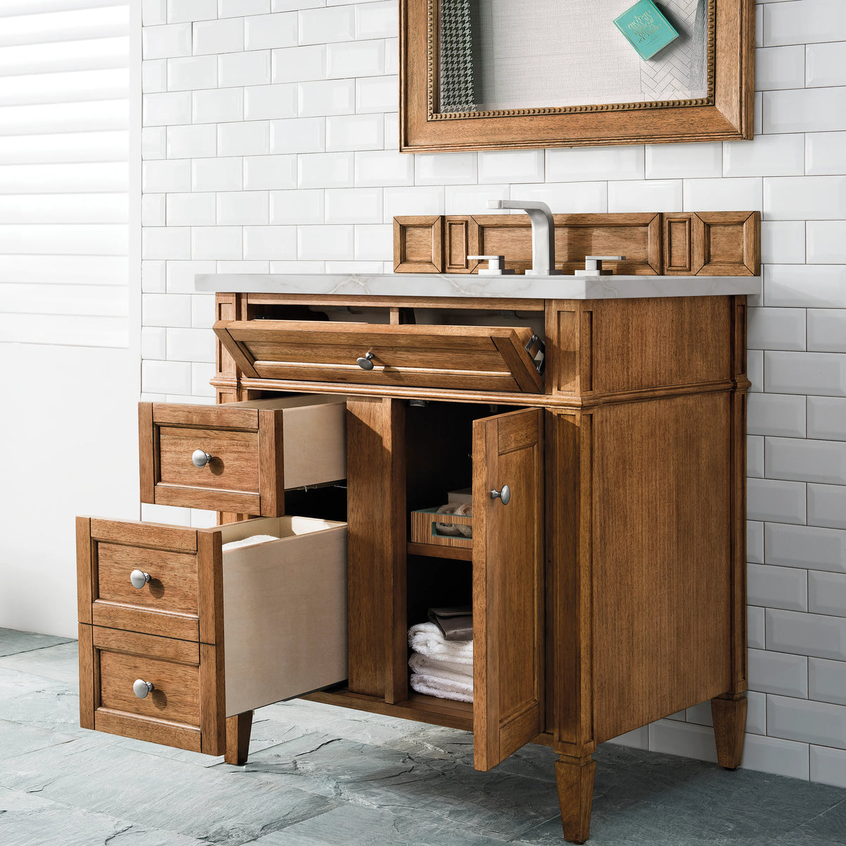 Brittany 30" Single Vanity, Saddle Brown, w/ 3 CM Victorian Silver Silestone Top, view 4