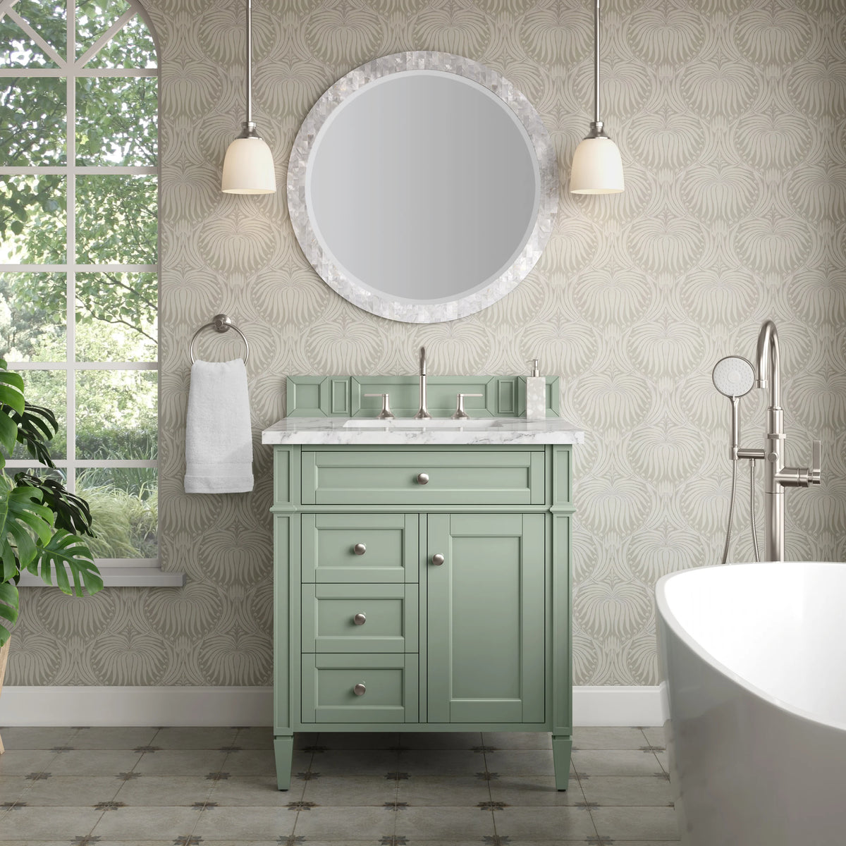Brittany 30" Single Vanity, Sage Green w/ 3 CM Carrara Marble Top, view 2