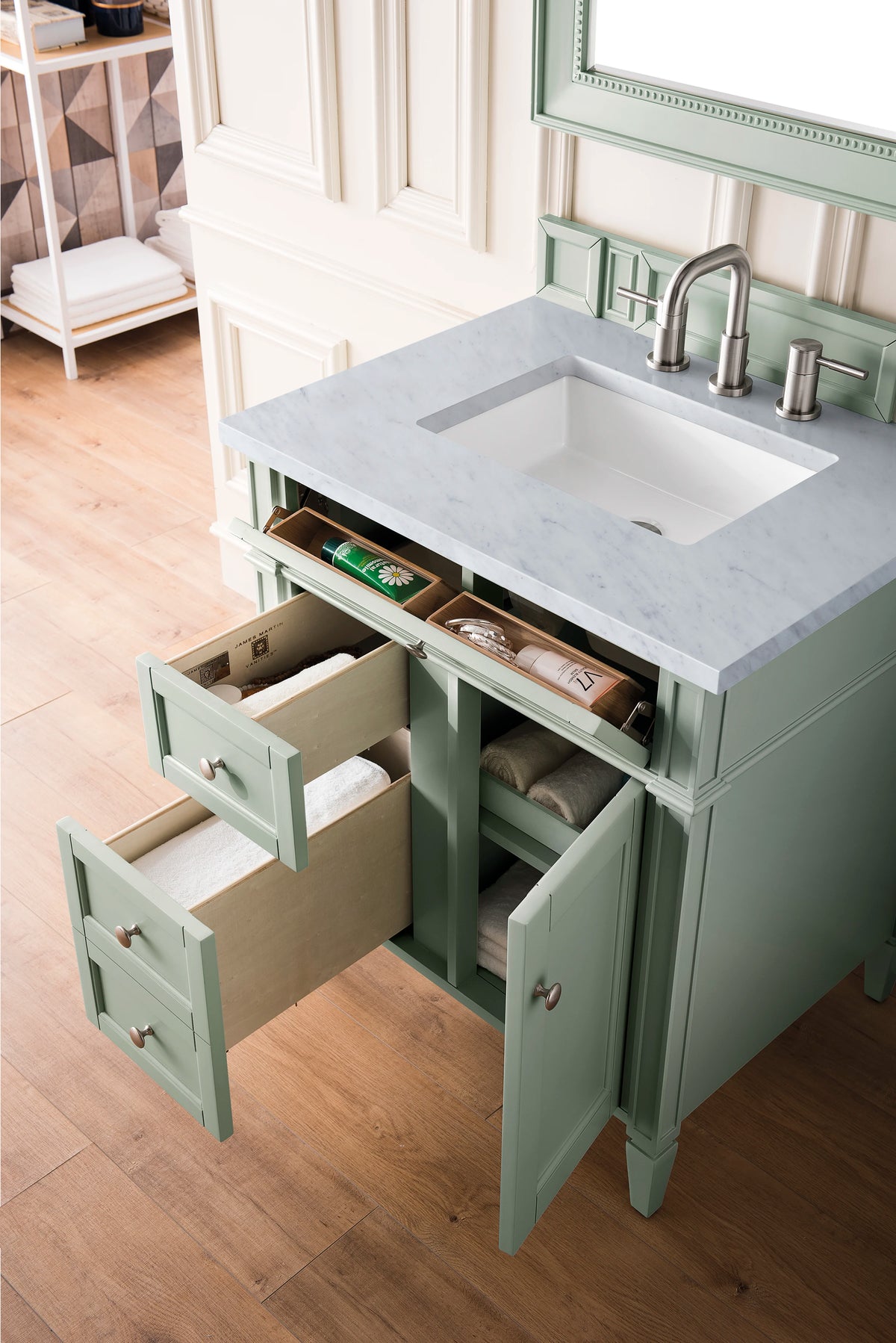 Brittany 30" Single Vanity, Sage Green w/ 3 CM Carrara Marble Top, view 4