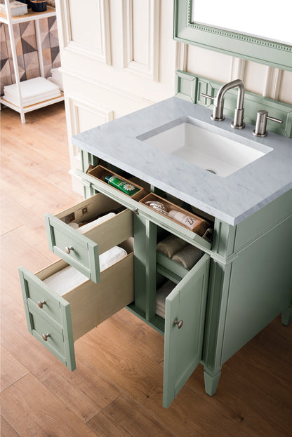 Brittany 30" Single Vanity, Sage Green w/ 3 CM Carrara Marble Top, view 4