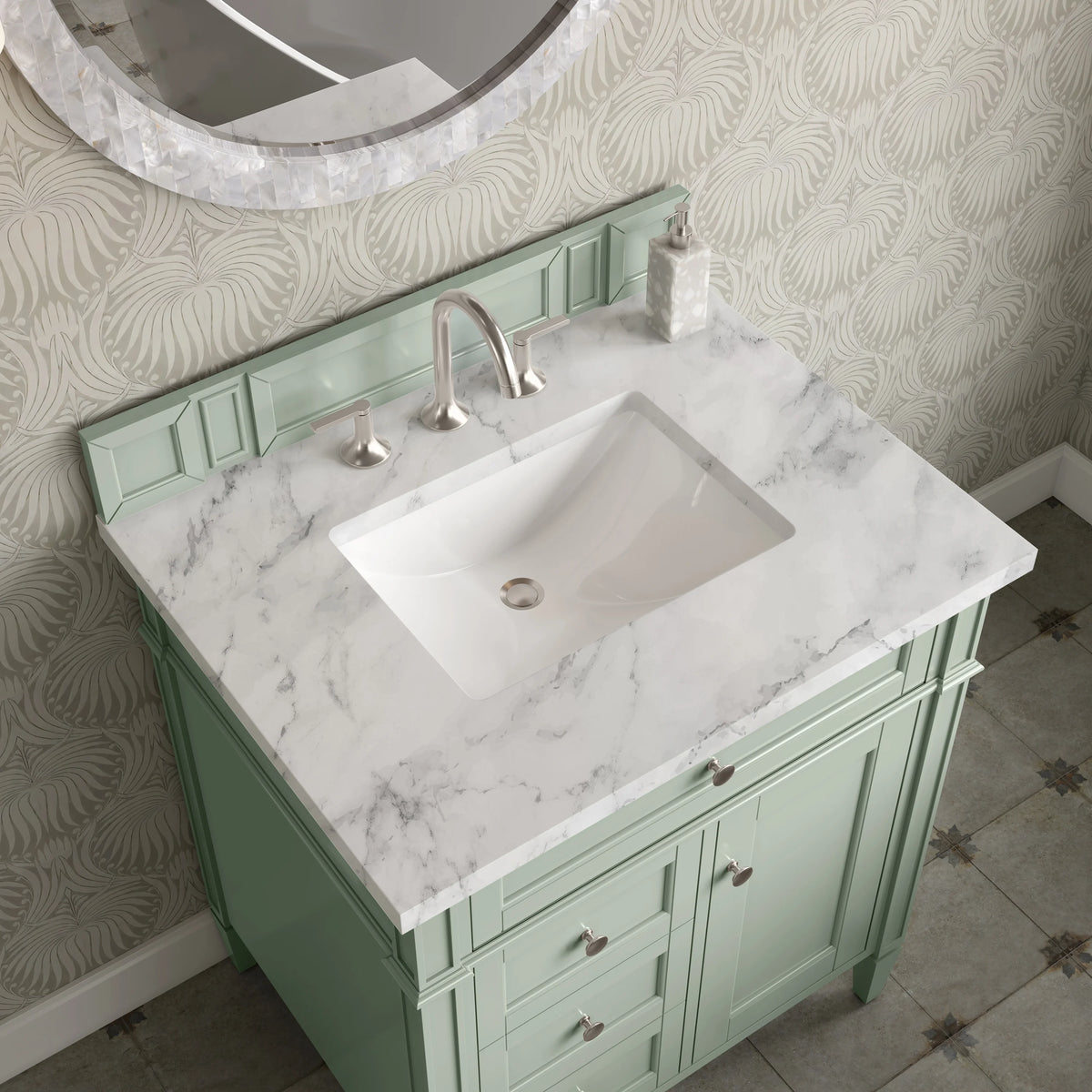 Brittany 30" Single Vanity, Sage Green w/ 3 CM Carrara Marble Top, view 6