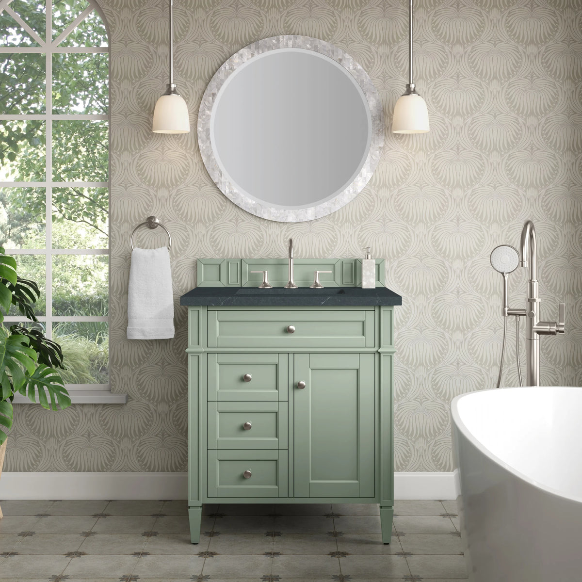 Brittany 30" Single Vanity, Sage Green, w/ 3 CM Charcoal Soapstone Silestone Top, view 2