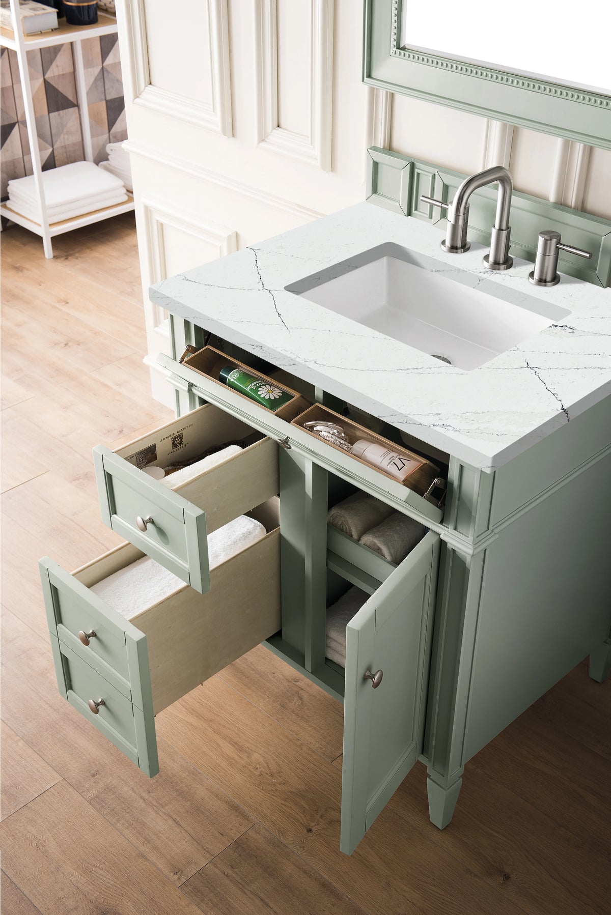 Brittany 30" Single Vanity, Sage Green, w/ 3 CM Ethereal Noctis Silestone Top, view 4