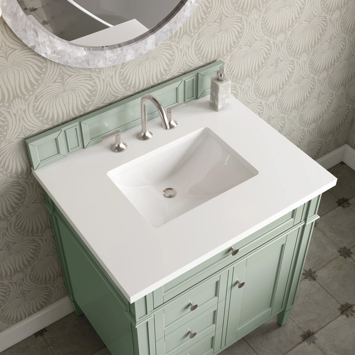 Brittany 30" Single Vanity, Sage Green, w/ 3 CM White Zeus Silestone Top, view 6