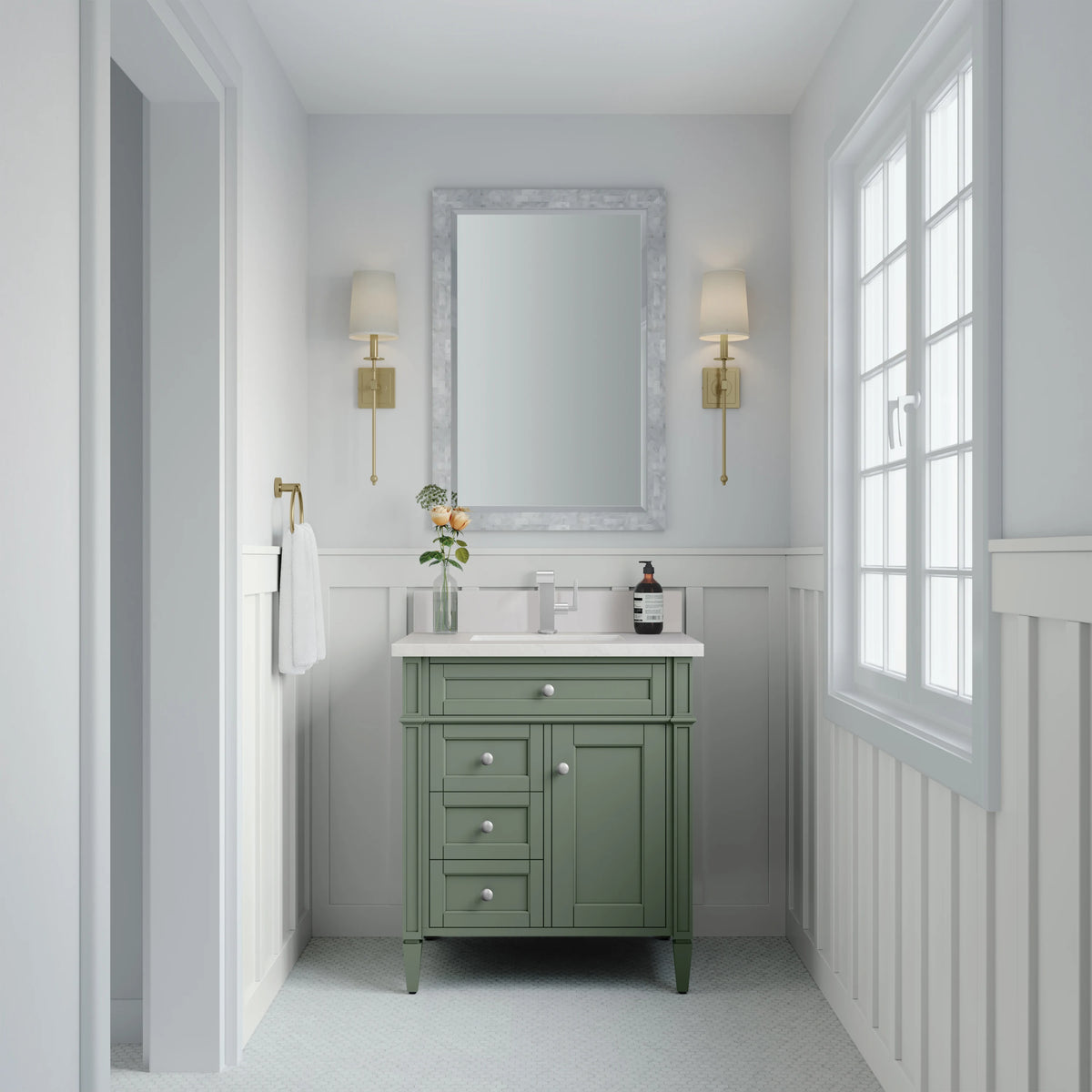 Brittany 30" Single Vanity, Smokey Celadon w/ Single Hole 3 CM White Zeus Top & Backsplash, view 2