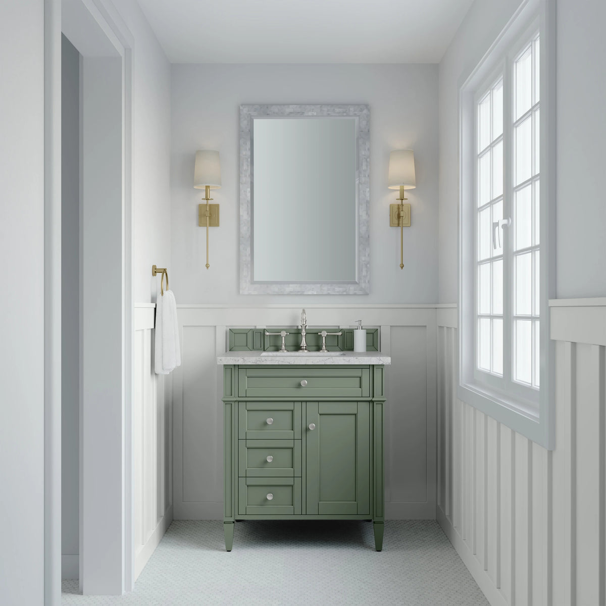 Brittany 30" Single Vanity, Smokey Celadon w/ 3 CM Eternal Jasmine Pearl Top, view 2