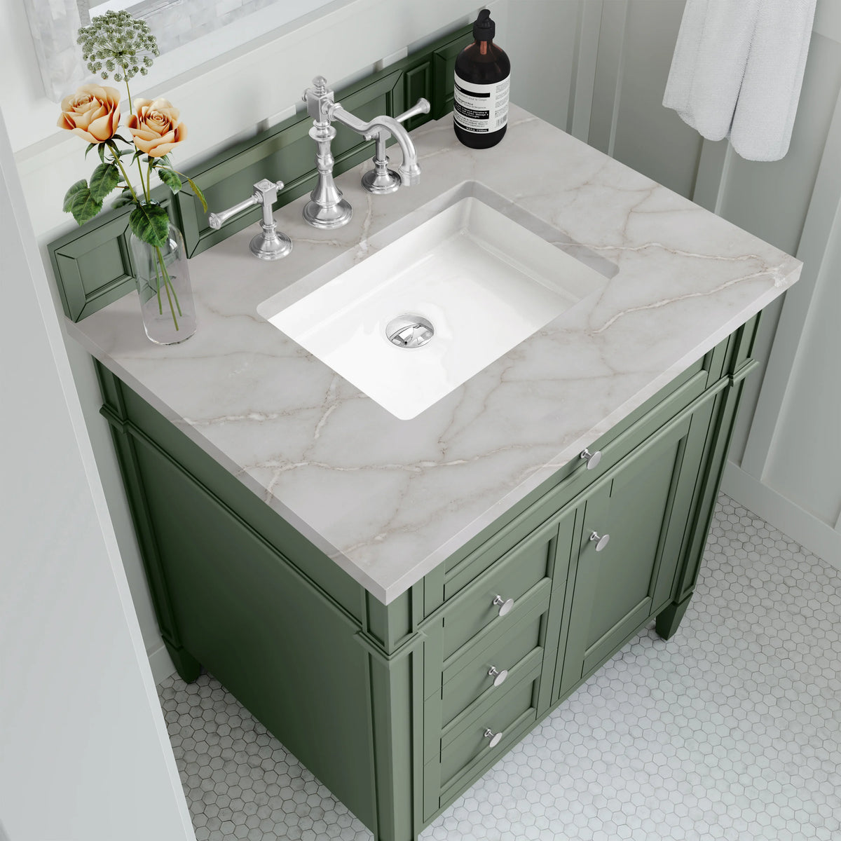 Brittany 30" Single Vanity, Smokey Celadon w/ 3 CM Victorian Silver Top, view 5