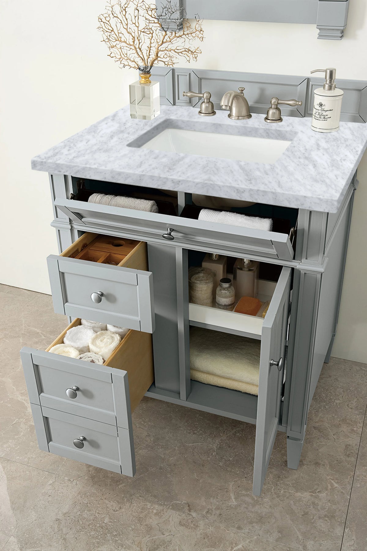 Brittany 30" Single Vanity, Urban Gray w/ 3 CM Carrara Marble Top, view 4