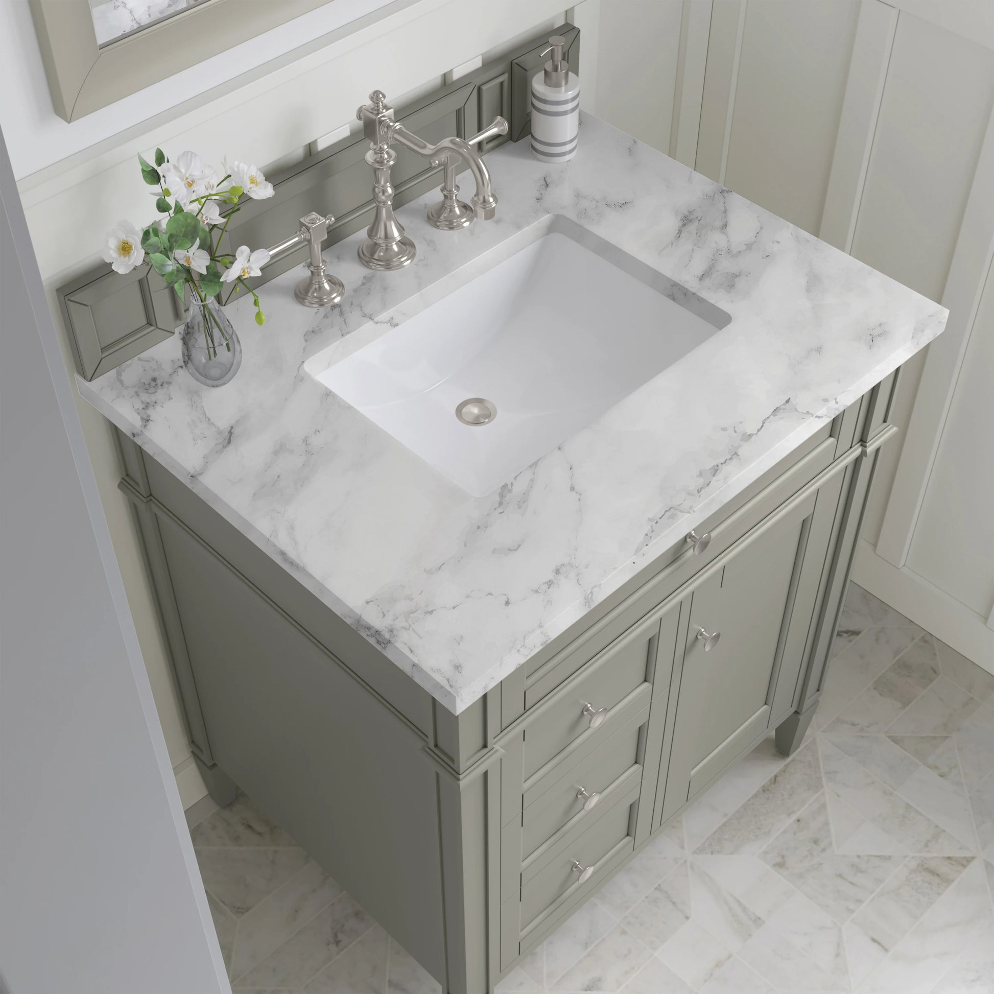 Brittany 30" Single Vanity, Urban Gray w/ 3 CM Carrara Marble Top, view 6