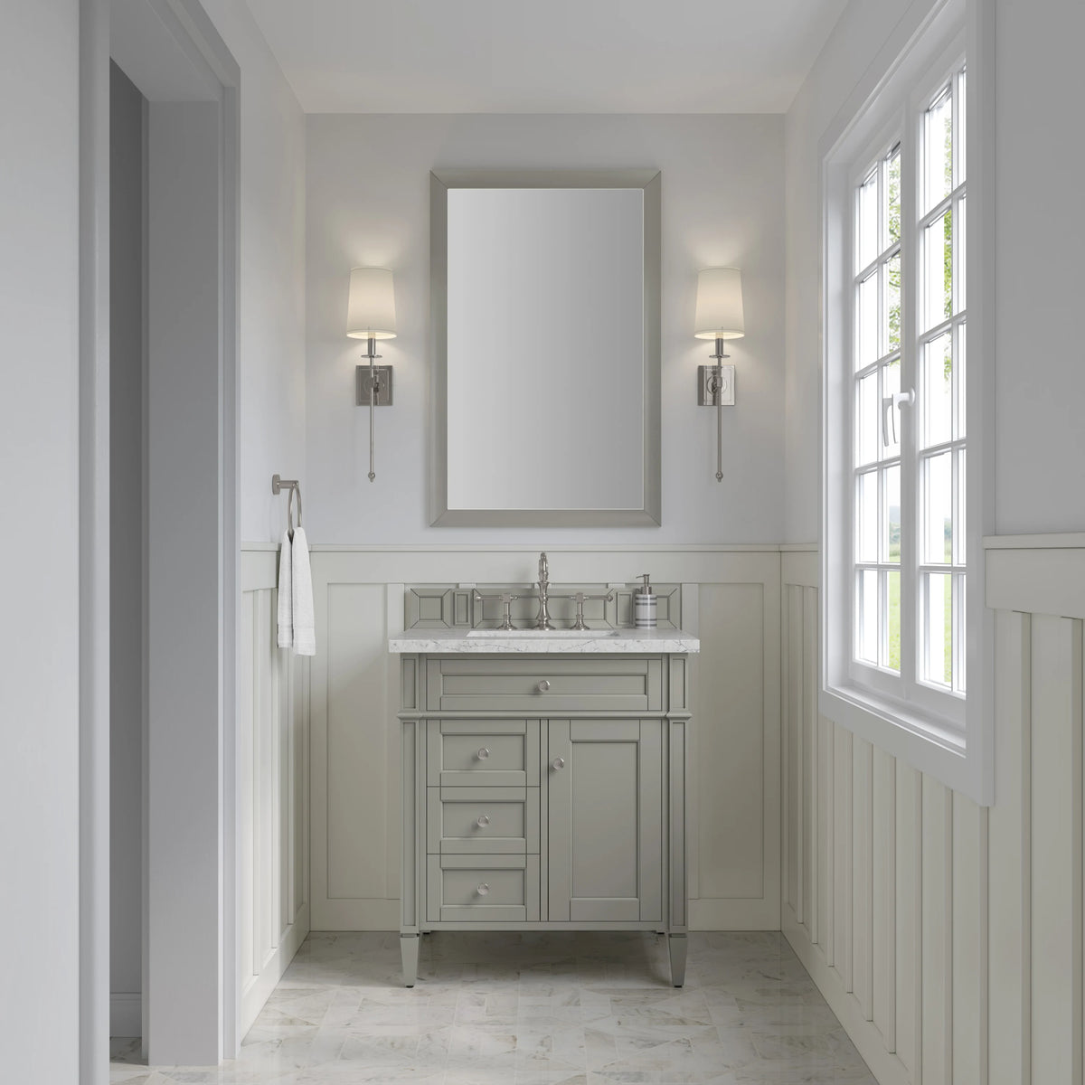 Brittany 30" Single Vanity, Urban Gray, w/ 3 CM Eternal Jasmine Pearl Silestone Top, view 2