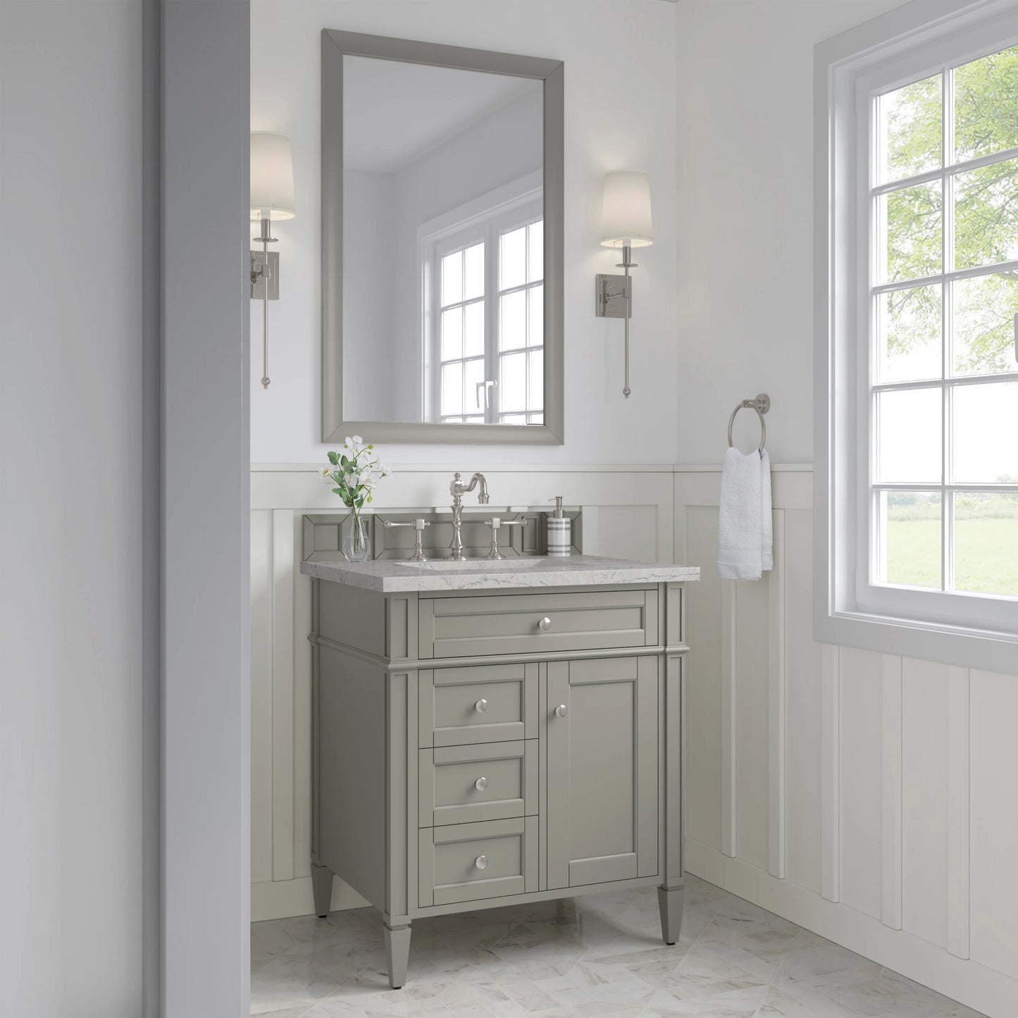 Brittany 30" Single Vanity, Urban Gray, w/ 3 CM Eternal Jasmine Pearl Silestone Top, view 3