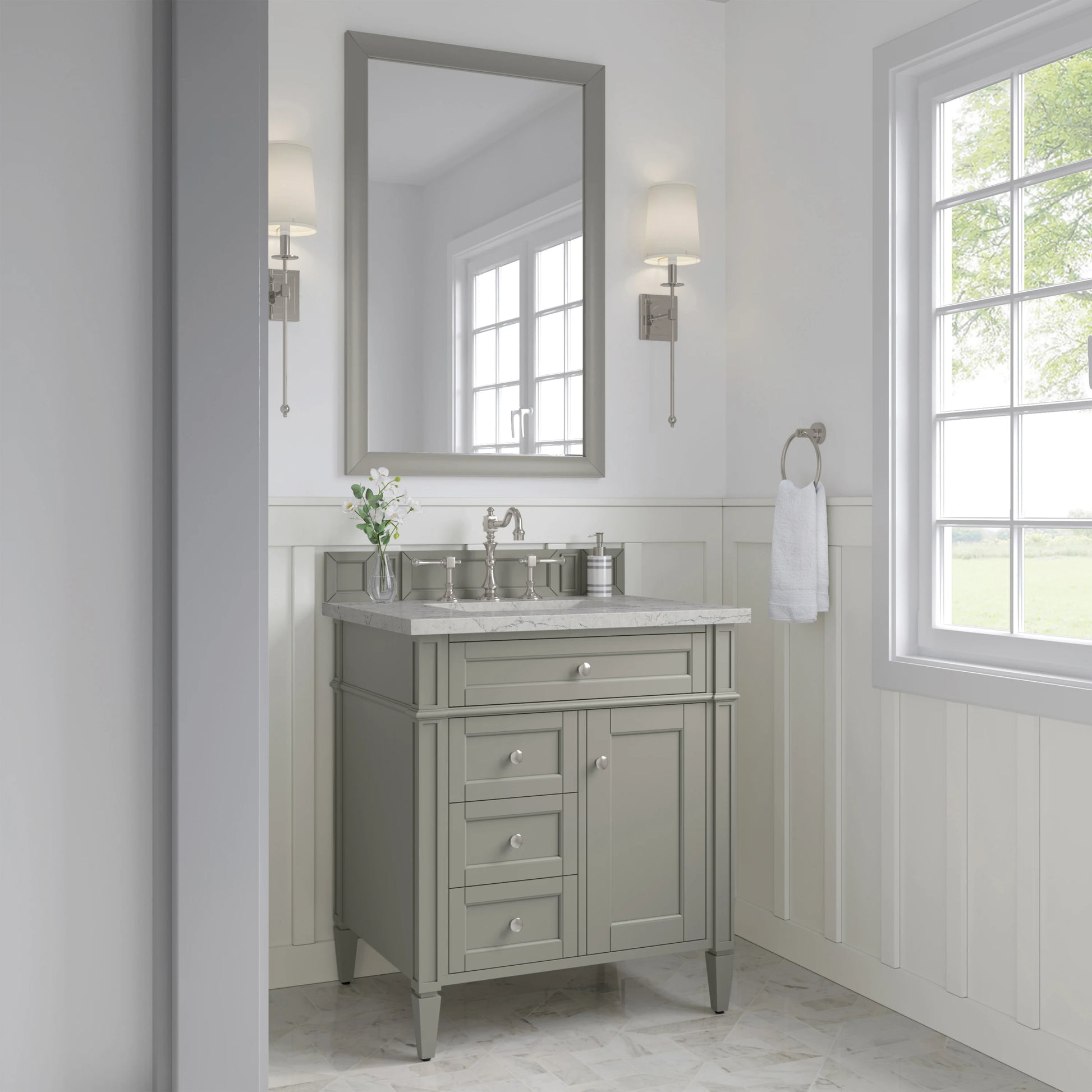 Brittany 30" Single Vanity, Urban Gray, w/ 3 CM Eternal Jasmine Pearl Silestone Top, view 3