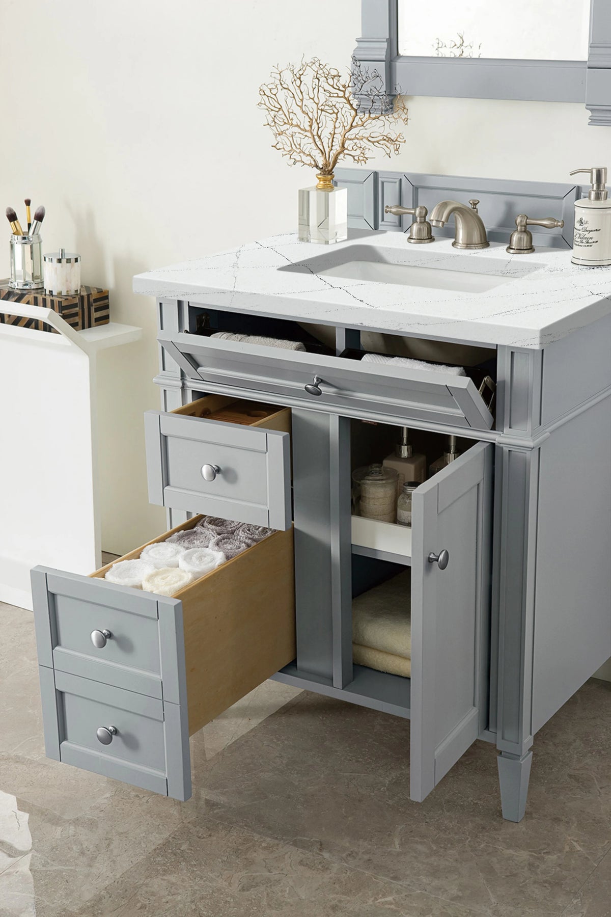 Brittany 30" Single Vanity, Urban Gray, w/ 3 CM Ethereal Noctis Silestone Top, view 4