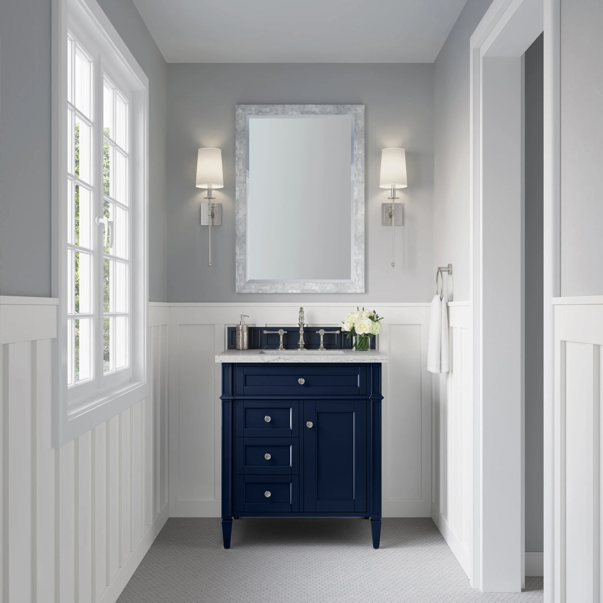 Brittany 30" Single Vanity, Victory Blue w/ 3 CM Eternal Jasmine Pearl Silestone Top, view 2
