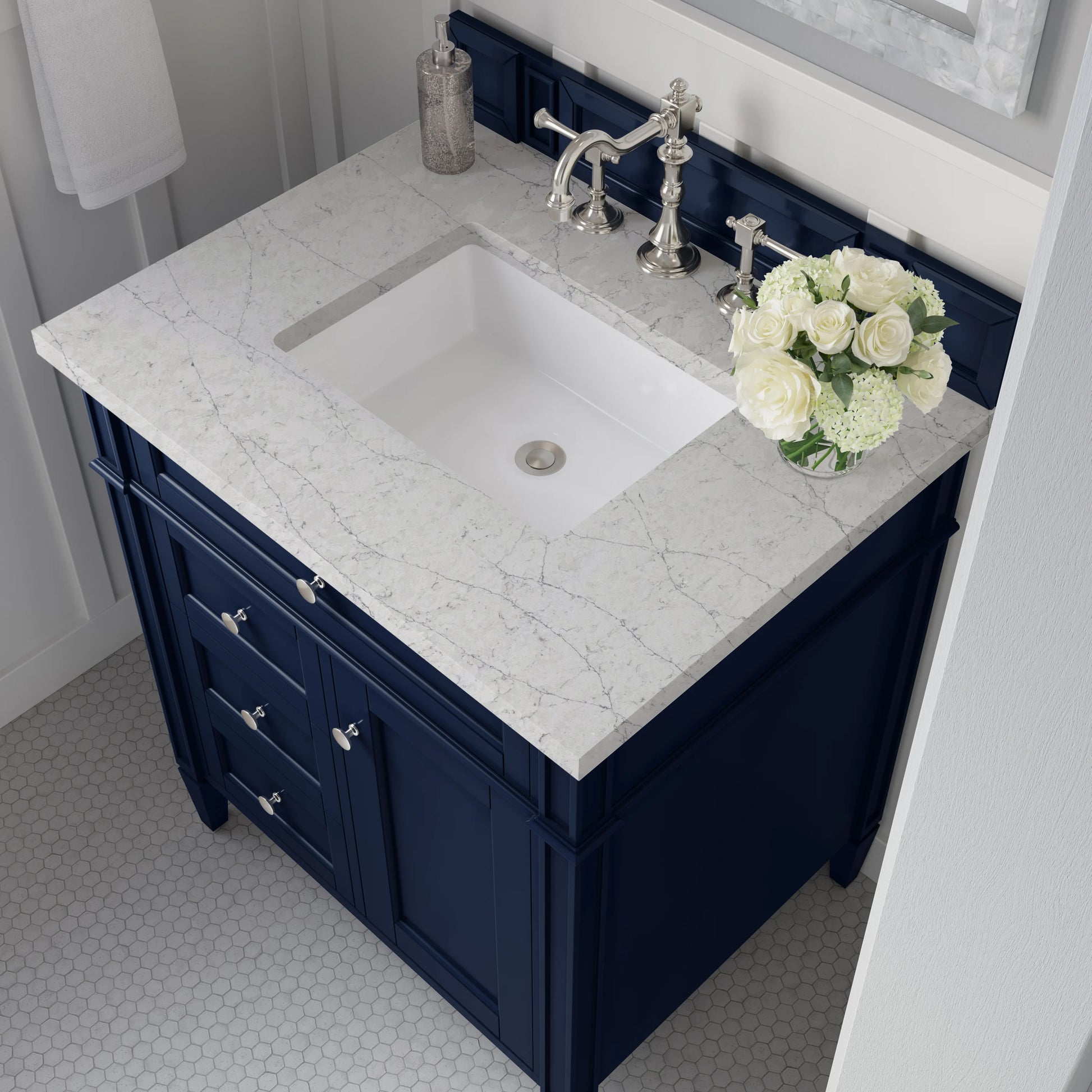 Brittany 30" Single Vanity, Victory Blue w/ 3 CM Eternal Jasmine Pearl Silestone Top, view 8