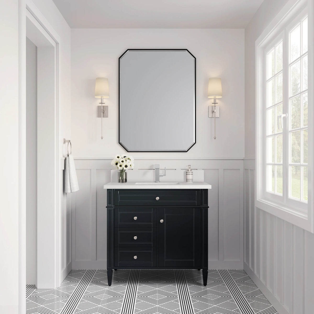 Brittany 36" Single Vanity, Black Onyx w/ Single Hole 3 CM White Zeus Silestone Top & Backsplash, view 2