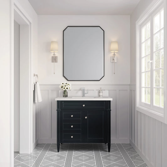 Brittany 36" Single Vanity, Black Onyx w/ Single Hole 3 CM White Zeus Silestone Top & Backsplash, view 2