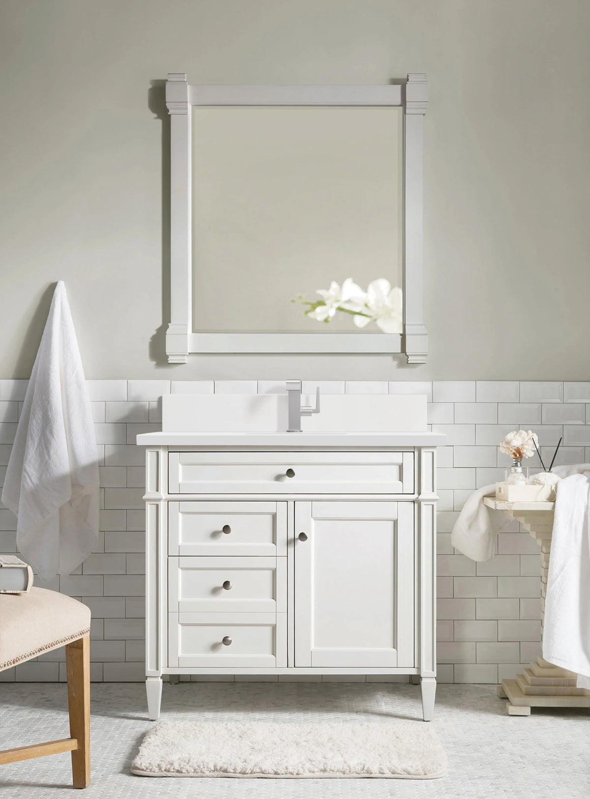 Brittany 36" Single Vanity, Bright White w/ Single Hole 3 CM White Zeus Silestone Top & Backsplash, view 3