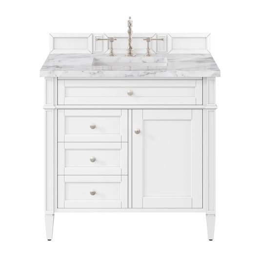Brittany 36" Single Vanity, Bright White w/ 3 CM Carrara Marble Top