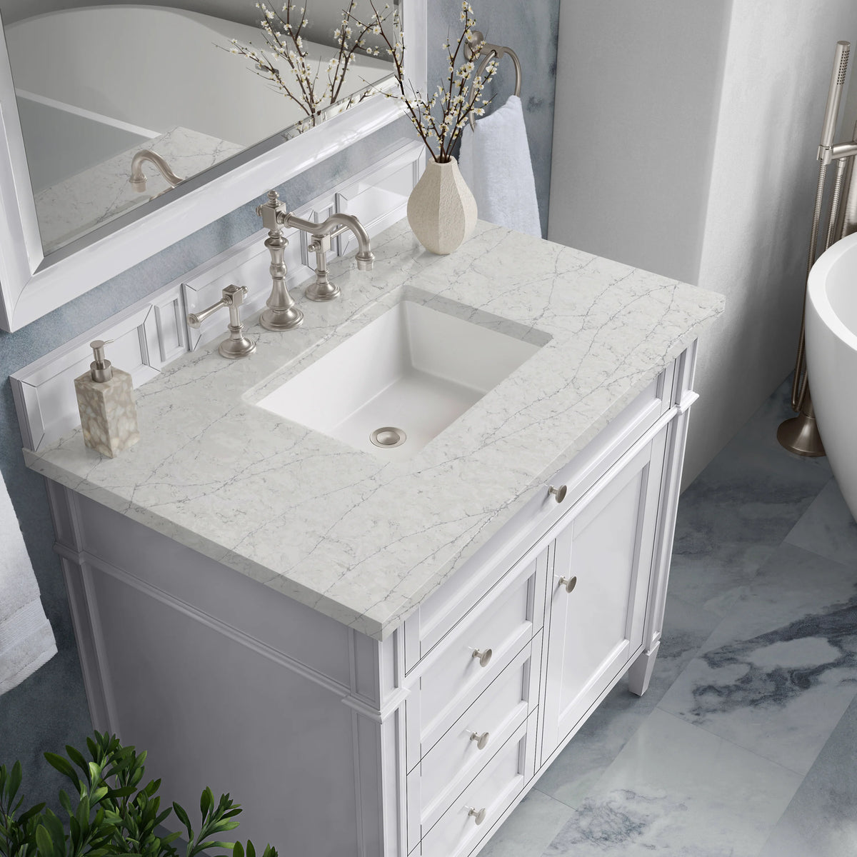 Brittany 36" Single Vanity, Bright White w/ 3 CM Eternal Jasmine Pearl Silestone Top, view 7