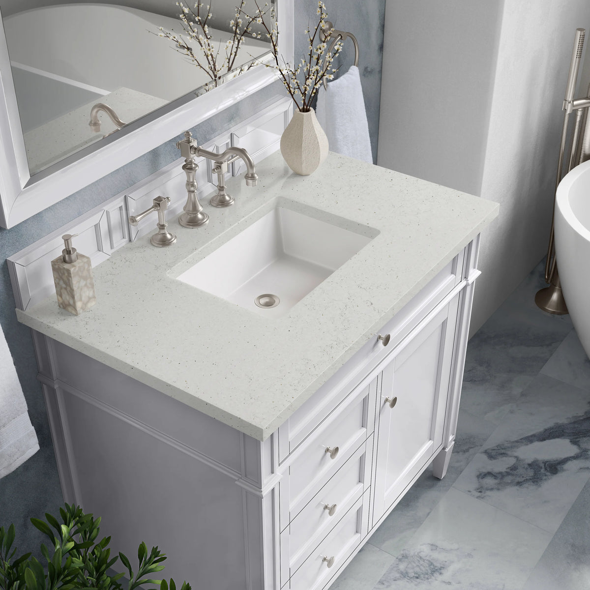 Brittany 36" Single Vanity, Bright White w/ 3 CM Lime Delight Silestone Top, view 7