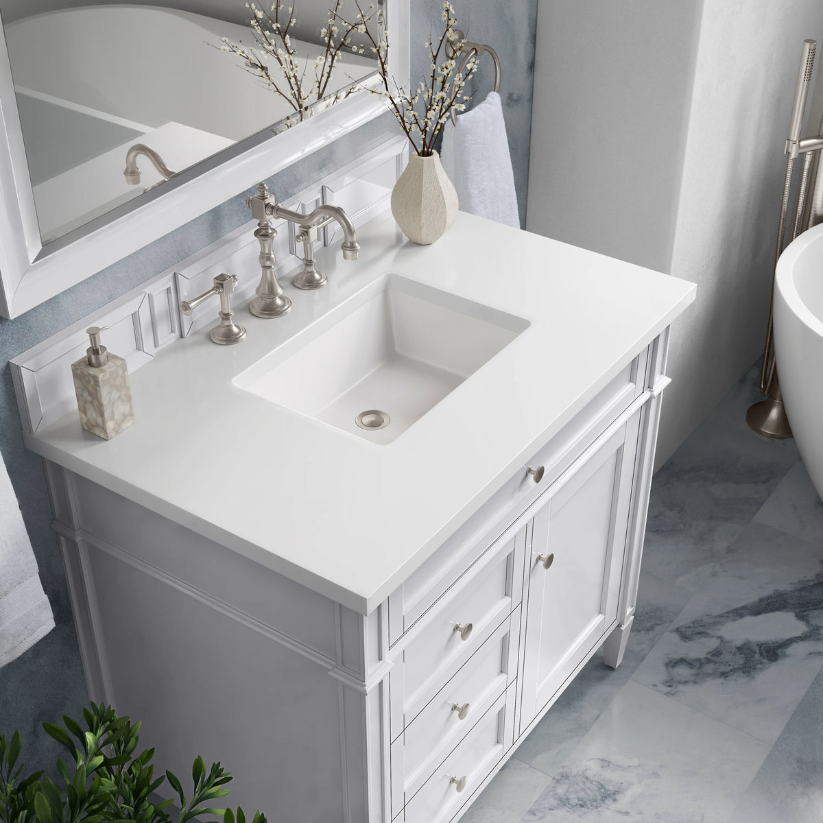 Brittany 36" Single Vanity, Bright White w/ 3 CM White Zeus Silestone Top, view 6
