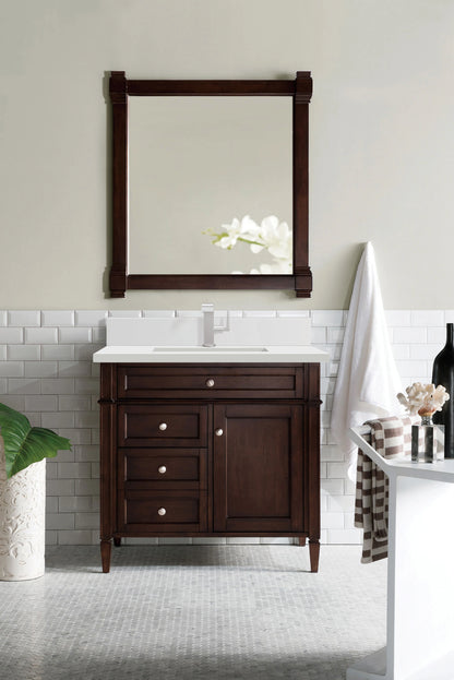 Brittany 36" Single Vanity, Burnished Mahogany w/ Single Hole 3 CM White Zeus Silestone Top & Backsplash, view 2