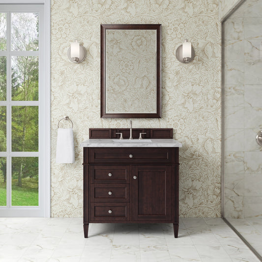 Brittany 36" Single Vanity, Burnished Mahogany w/ 3 CM Carrara Marble Top, view 2