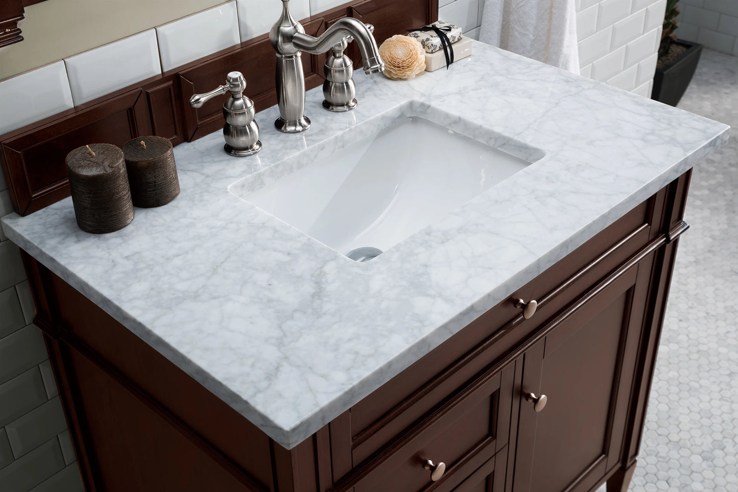 Brittany 36" Single Vanity, Burnished Mahogany w/ 3 CM Carrara Marble Top, view 5