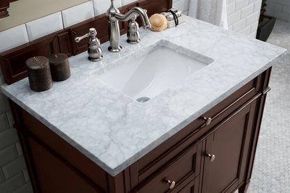 Brittany 36" Single Vanity, Burnished Mahogany w/ 3 CM Carrara Marble Top, view 5