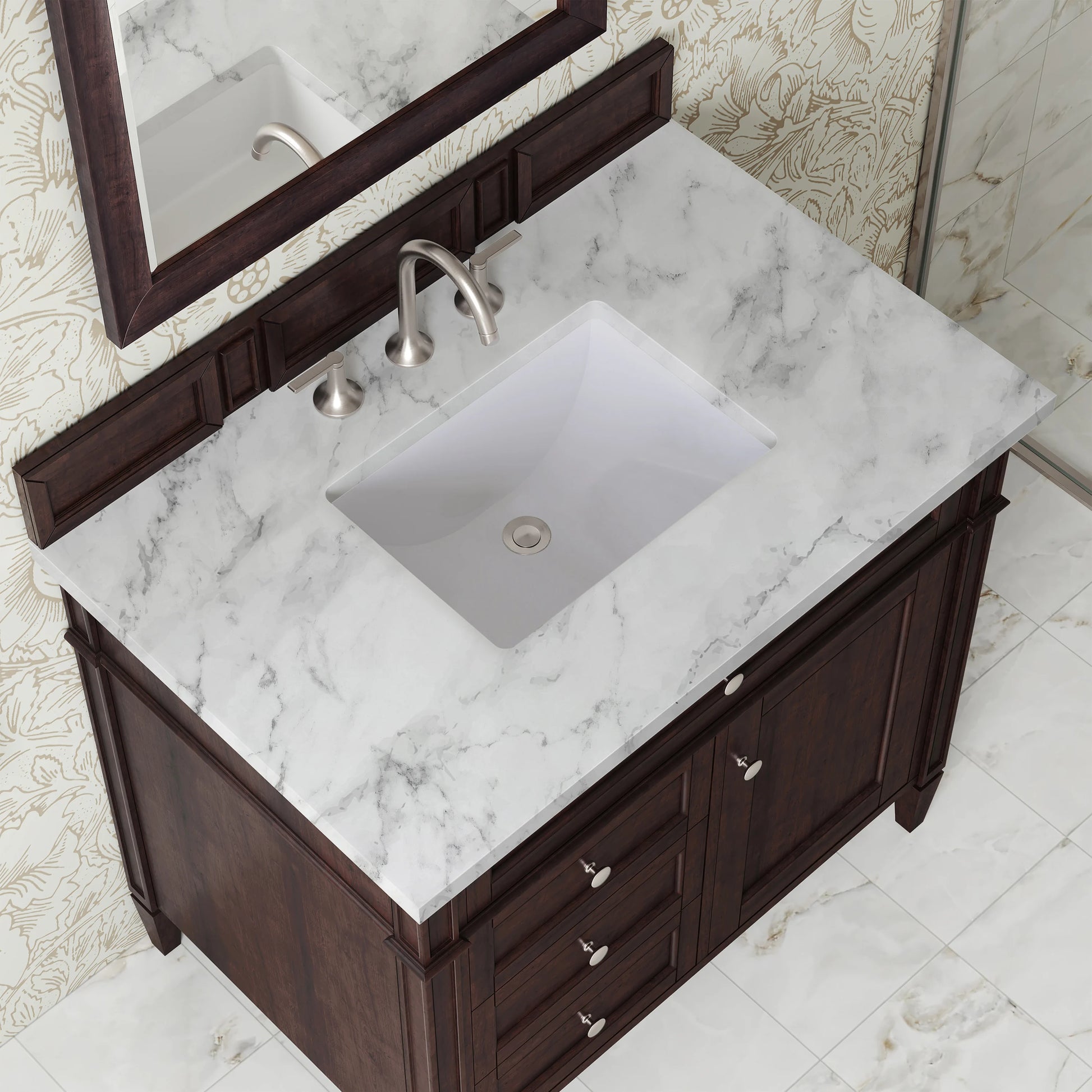 Brittany 36" Single Vanity, Burnished Mahogany w/ 3 CM Carrara Marble Top, view 7