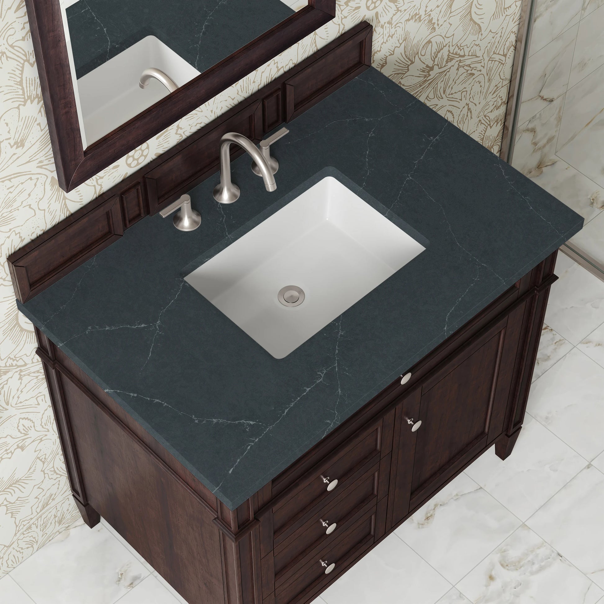 Brittany 36" Single Vanity, Burnished Mahogany w/ 3 CM Charcoal Soapstone Silestone Top, view 6