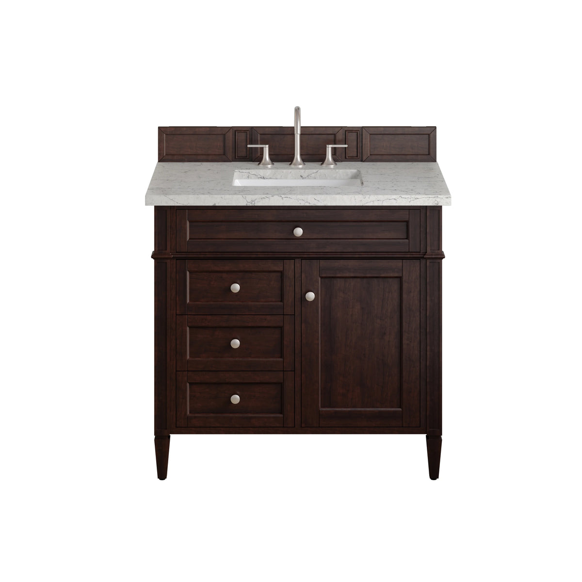 Brittany 36" Single Vanity, Burnished Mahogany w/ 3 CM Eternal Jasmine Pearl Silestone Top