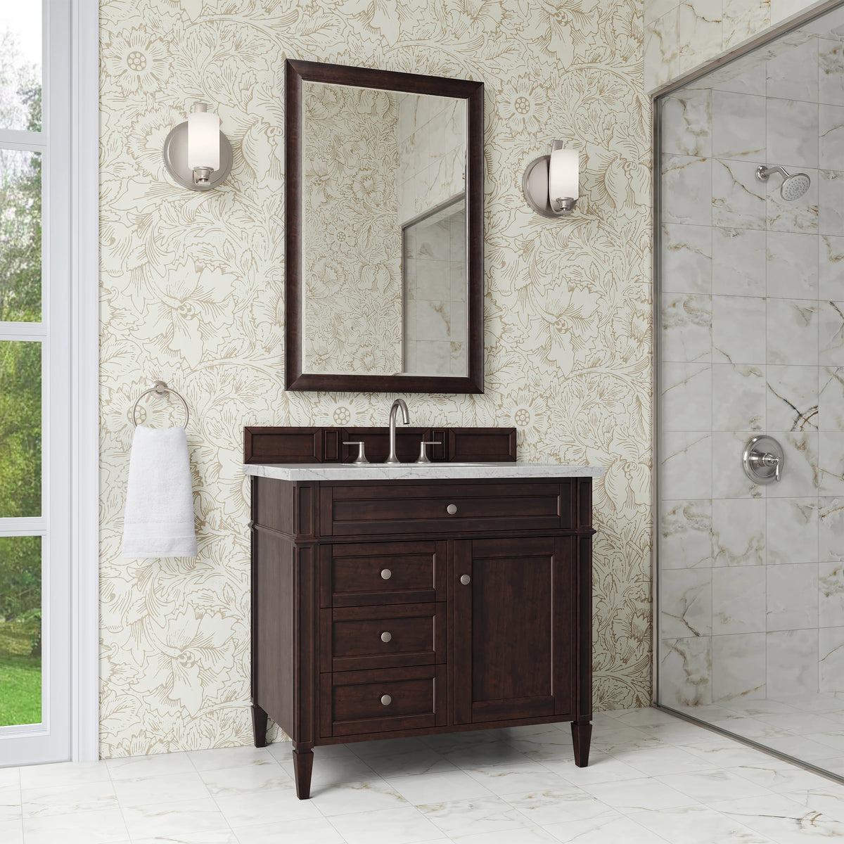Brittany 36" Single Vanity, Burnished Mahogany w/ 3 CM Eternal Jasmine Pearl Silestone Top, view 3