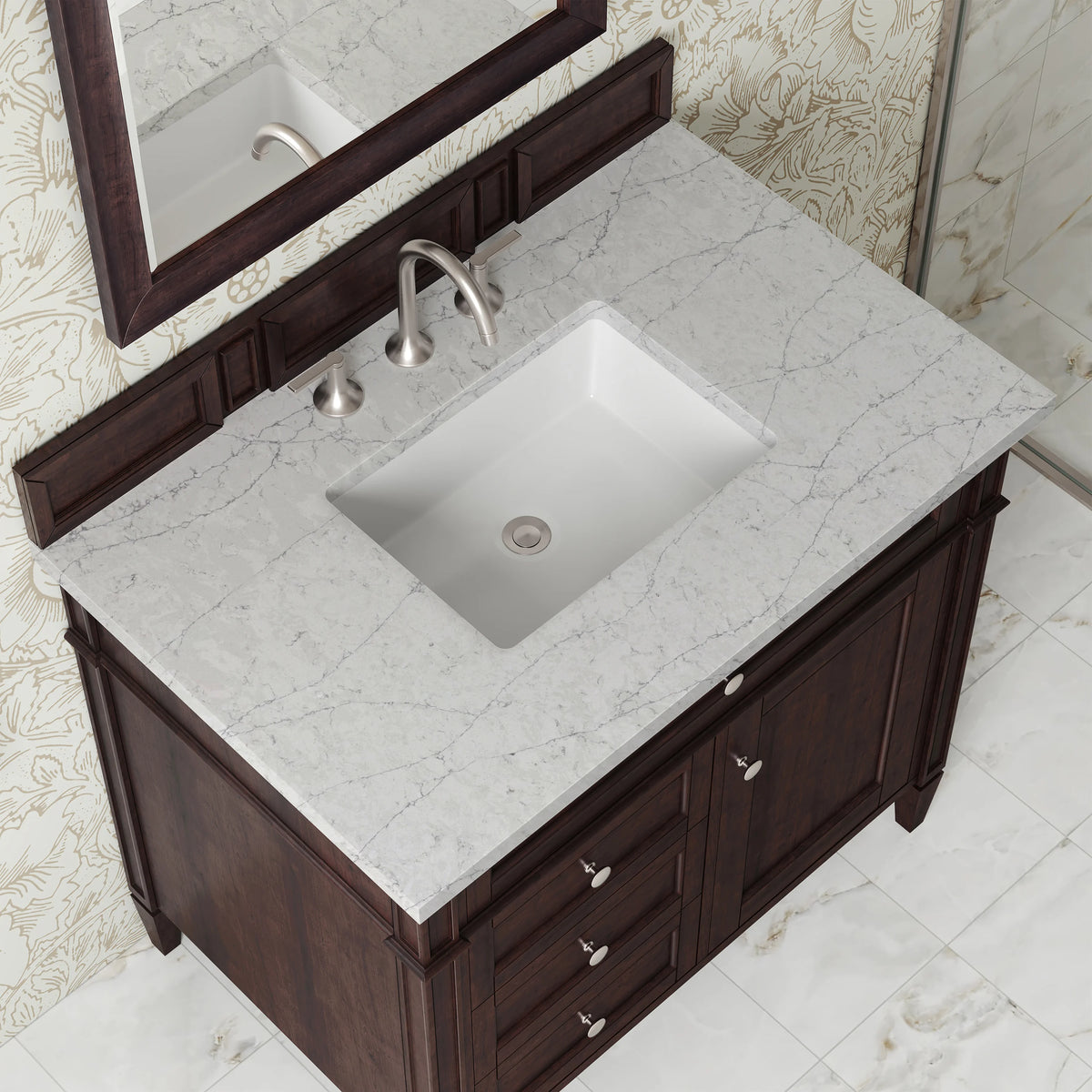 Brittany 36" Single Vanity, Burnished Mahogany w/ 3 CM Eternal Jasmine Pearl Silestone Top, view 6