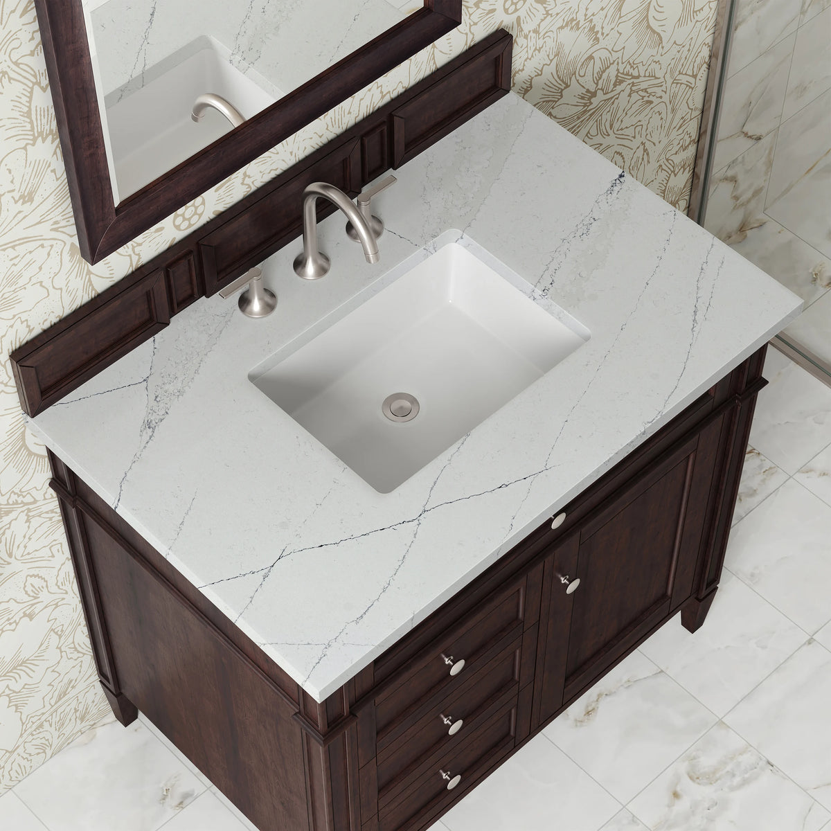 Brittany 36" Single Vanity, Burnished Mahogany w/ 3 CM Ethereal Noctis Silestone Top, view 6