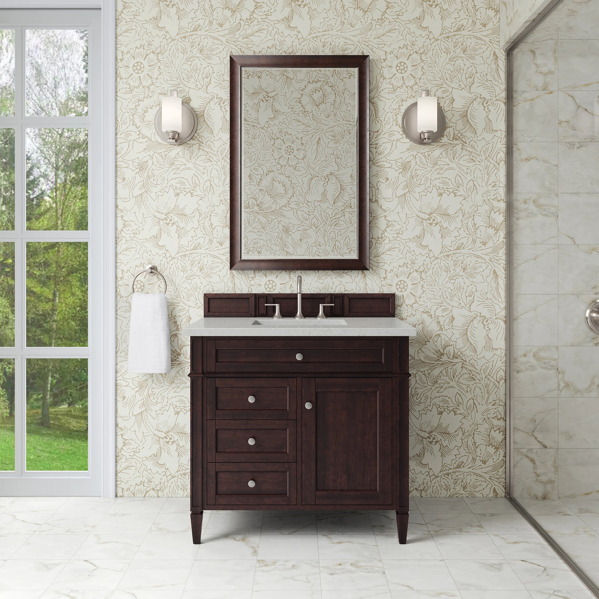 Brittany 36" Single Vanity, Burnished Mahogany w/ 3 CM Lime Delight Silestone Top, view 2