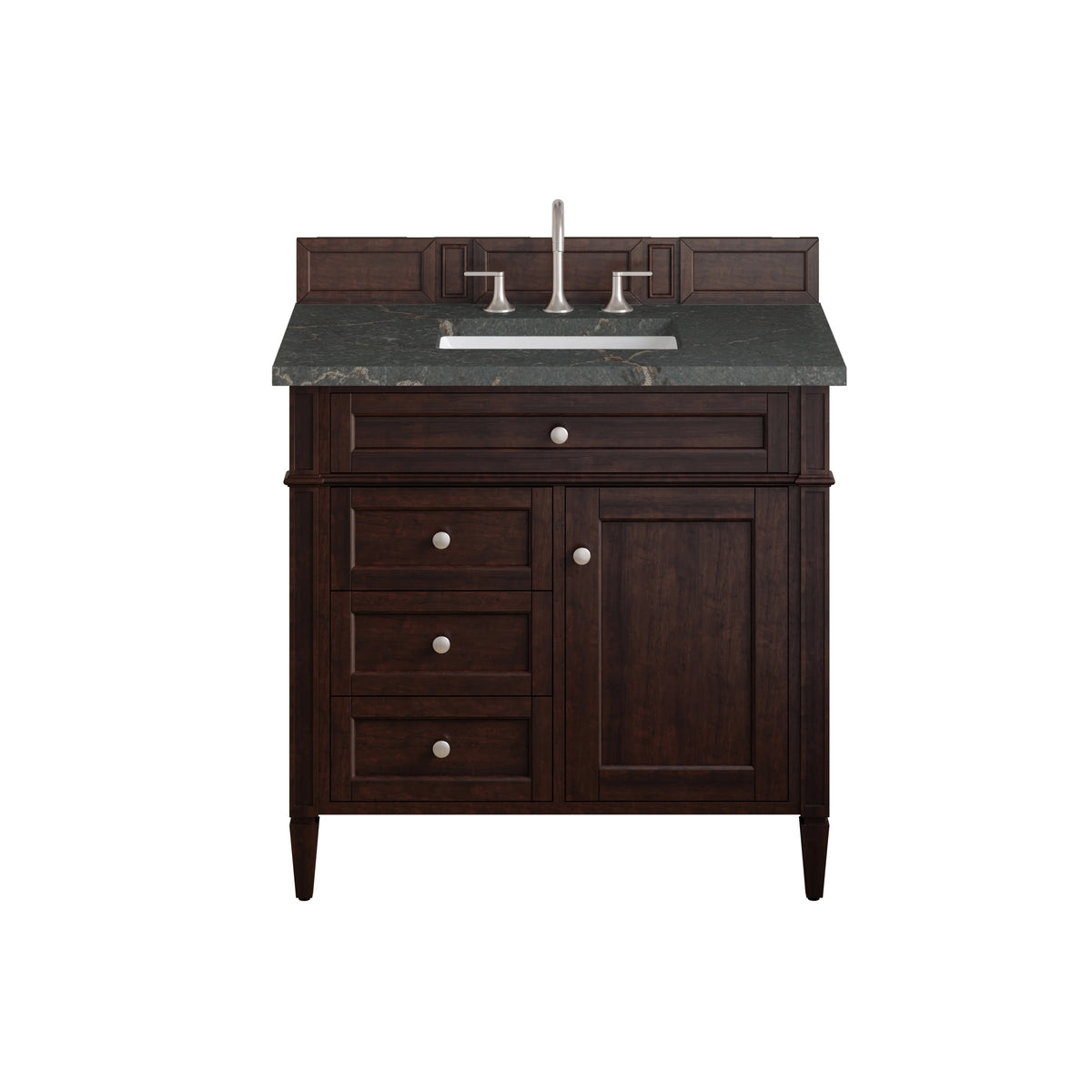 Brittany 36" Single Vanity, Burnished Mahogany w/ 3 CM Parisien Bleu Silestone Top