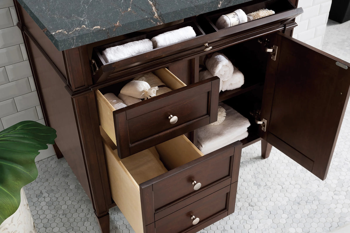 Brittany 36" Single Vanity, Burnished Mahogany w/ 3 CM Parisien Bleu Silestone Top, view 4