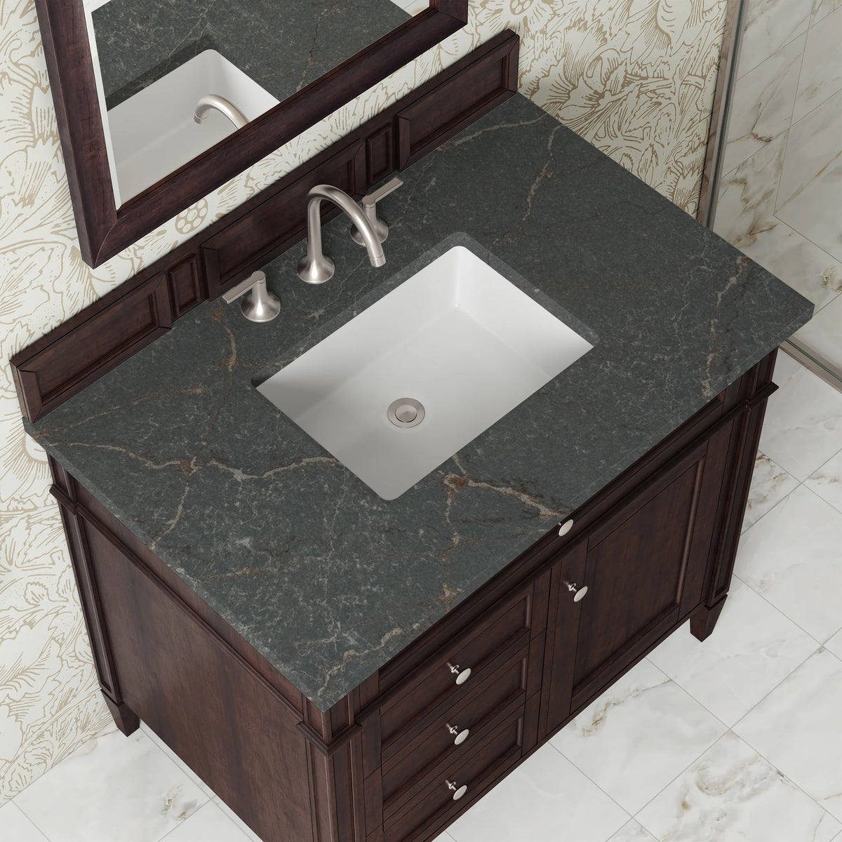Brittany 36" Single Vanity, Burnished Mahogany w/ 3 CM Parisien Bleu Silestone Top, view 6